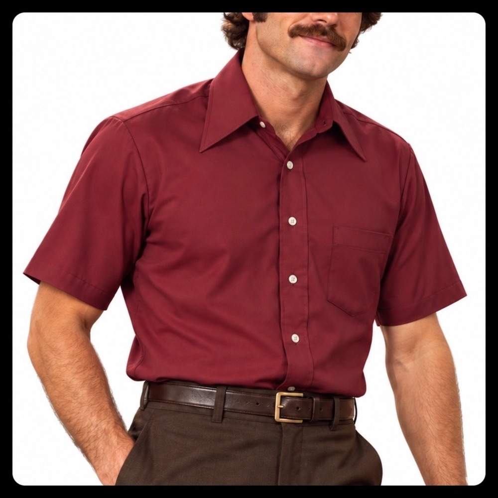 Van Heusen Van Lustre Disco Shirt Men L / 16 Maroon Polyester Short Sleeve 70s